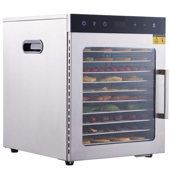 Deshidrator fructe si legume, Inox, 800 W, 10 tavi, Temperatura reglabila, Panou digital, Temporizator