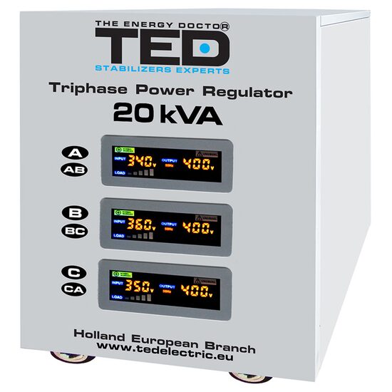 Stabilizator trifazat de tensiune 20000VA / 16000W, Servomotor cu compensare trifazată, undă sinusoidală pură