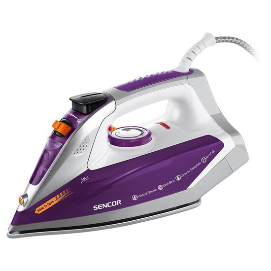 Fier de calcat, talpa ceramica, 2400 W, Abur, functie auto-curatare, Alb/Mov, Anti-Calcar