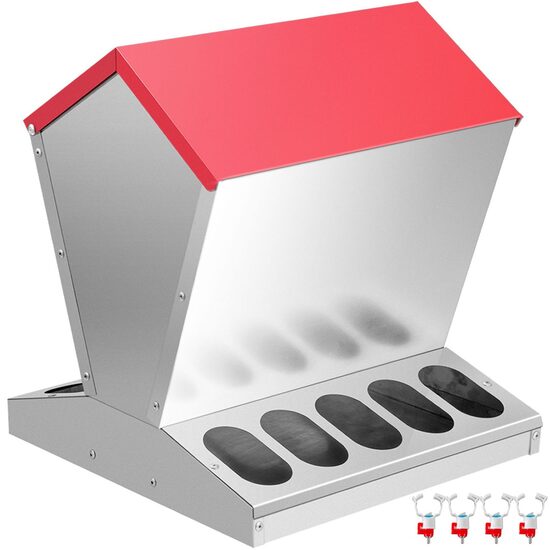 Hranitoare pentru pasari cu 10 posturi, Otel galvanizat, 29.8x29.8x40 cm, Capacitate 11.3 kg, 4 x alimentatoare apa