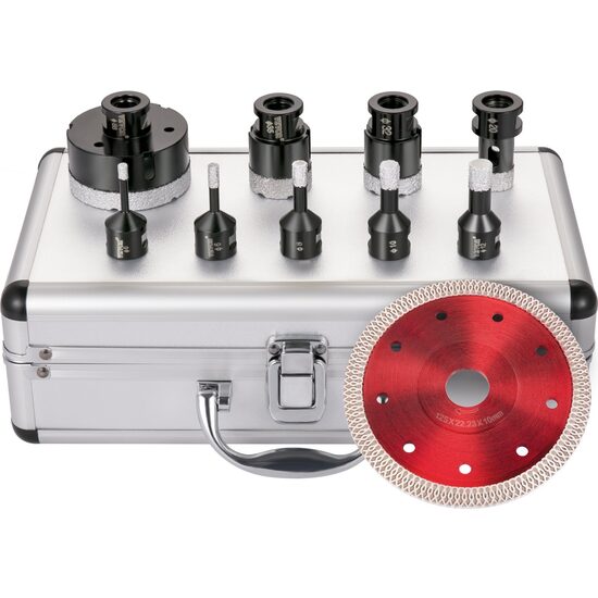 Set 9 carote diamantate si 1 disc taiere pentru gresie, 5-68 mm, prindere M14, umed sau uscat