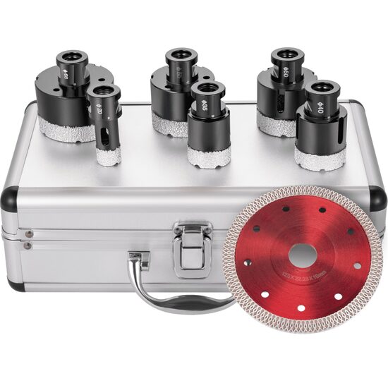 Set 6 carote diamantate si 1 disc taiere 125 mm pentru gresie, marmura, 20/35/40/50/55/68 mm, prindere M14, umed sau uscat, cutie depozitare