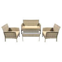 Set mobilier de gradina, canapea si 2 fotolii, Aluminiu si rattan sintetic, max 150 kg, cu perne, Bej, blat sticla