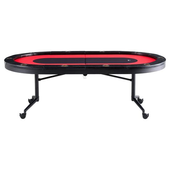 Masa de poker pliabila, 10 jucatori, sine captusite, suporturi pentru pahare din otel inoxidabil, 2290x1220x800 mm, Rosu/Negru, 4 x roti