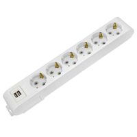 Prelungitor 6 locasuri, Alb, fara cablu, Schuko, IP20, 2 x USB