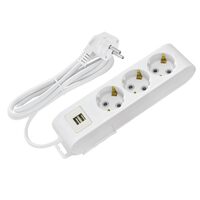 Prelungitor 3 locasuri, Lungime 2 m, Alb, Schuko, IP20, 2 x USB