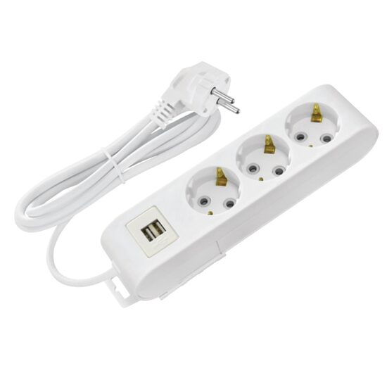 Prelungitor 3 locasuri, Lungime 2 m, Alb, Schuko, IP20, 2 x USB