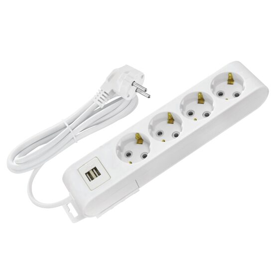 Prelungitor 4 locasuri, Lungime 3 m, Alb, Schuko, IP20, 2 x USB