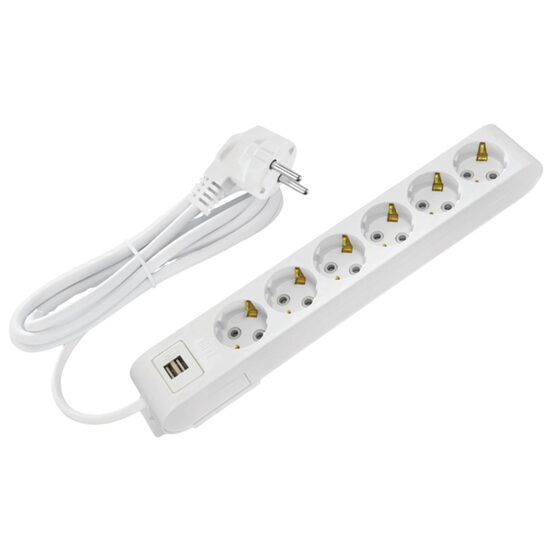 Prelungitor 6 locasuri, Lungime 3 m, Alb, Schuko, IP20, 2 x USB