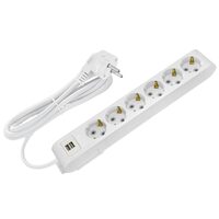Prelungitor 6 locasuri, Lungime 5 m, Alb, Schuko, IP20, 2 x USB