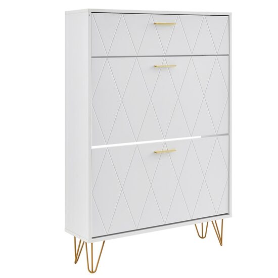 Dulap pantofi, 3 sertare rabatabile, Lemn, 800 x 239 x 1200 mm, Alb, picioare metal, manere Aluminiu