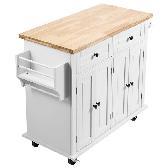 Insula bucatarie, blat lemn masiv, 4 roti blocabile, 1100x450x825 mm, Alb/Maro, 2 x sertare, 2 x dulapioare, suport prosop si condimente