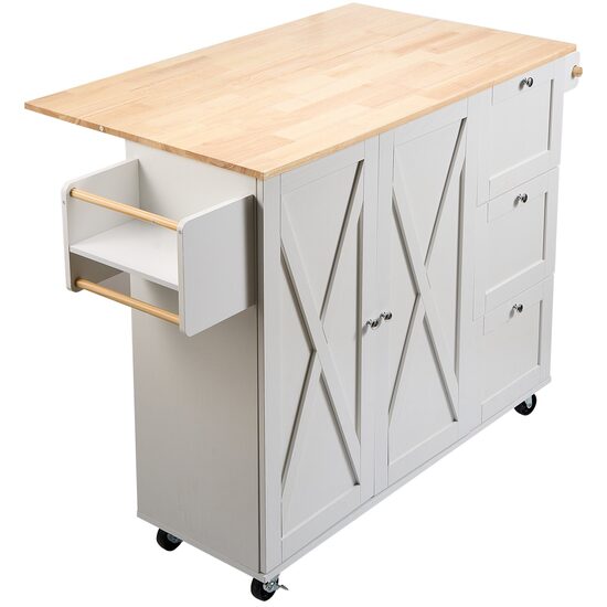 Insula bucatarie, blat rabatabil lemn masiv, 4 roti blocabile, 1430x680x990 mm, Alb/Maro, 3 x sertare, 1 x dulapior, suport prosop si condimente