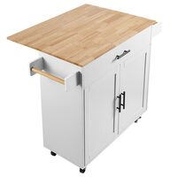 Insula bucatarie, blat rabatabil lemn masiv, 4 roti blocabile, 1190x695x905 mm, Alb/Maro, 1 x sertar, 1 x dulap, suport prosop si condimente