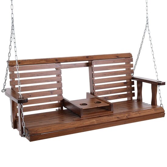 Leagan din lemn de cedru, 3 persoane, Suport sticle rabatabil, Maro, Lanturi si accesorii prindere, 1523x710x600 mm, max 362 kg