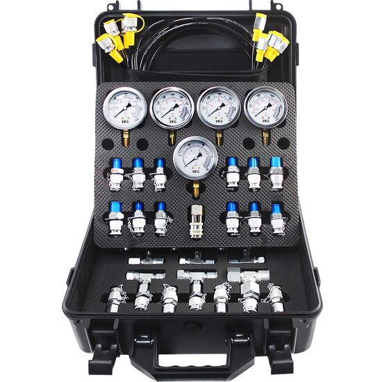 Set pentru testarea presiunii hidraulice 10/100/250/400/600 bar, 5 manometre, 13 cuplaje, 14 conectori T, 5 furtunuri 