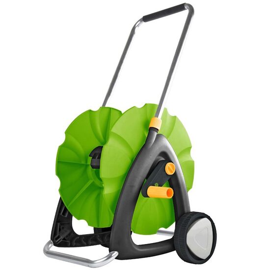 Carucior cu tambur pentru furtun de gradina, 2 x roti, cadru aluminiu, capacitate furtun 60 m 