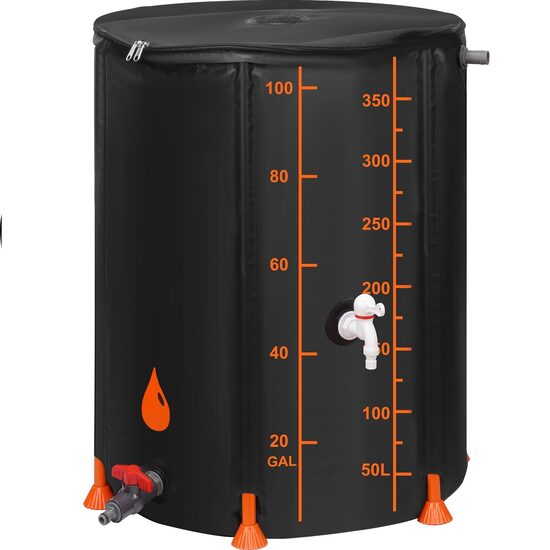 Butoi pliabil pentru apa pluviala, Negru, Capacitate 379 L, 2 x robinete