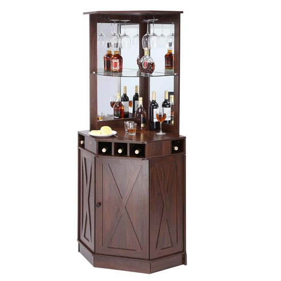 Suport de colt pentru sticle si pahare, MDF, Culoare maro lemn nuc, max 68 kg, Inaltime 184 cm