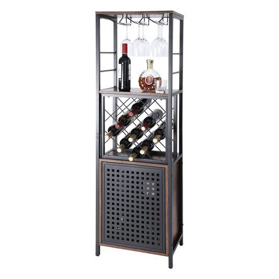 Suport pentru sticle si pahare, Pal melaminat, Cadru otel, Culoare maro / negru, max 104 kg, Inaltime 1550 mm