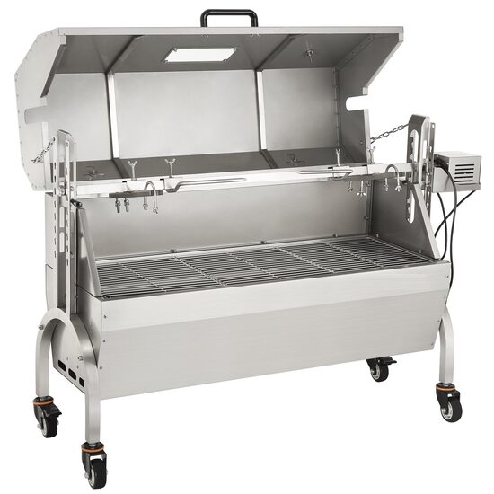 Gratar pe carbune cu capac si rotisor electric 50W, Otel Inoxidabil, Termometru, Roti blocabile, inaltime de gatit reglabila 