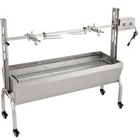 Gratar pe carbune cu capac si rotisor electric 40W, Otel Inoxidabil, Roti blocabile, inaltime de gatit reglabila, 147 x 45 x 106 cm