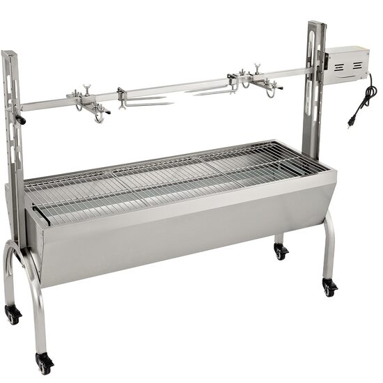 Gratar pe carbune cu capac si rotisor electric 40W, Otel Inoxidabil, Roti blocabile, inaltime de gatit reglabila, 147 x 45 x 106 cm