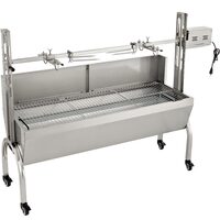 Gratar pe carbune cu capac si rotisor electric 40W, Inox, Roti blocabile, inaltime de gatit reglabila, 147 x 45 x 106 cm, cu deflector