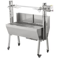 Gratar pe carbune cu capac si rotisor electric 25W, Inox, Roti blocabile, inaltime de gatit reglabila, cu deflector