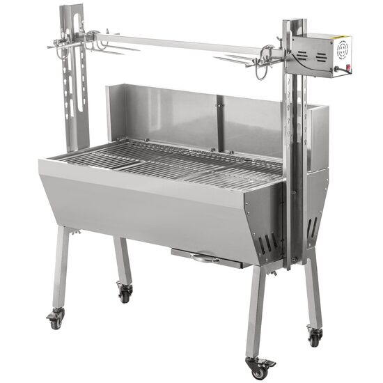 Gratar pe carbune cu capac si rotisor electric 25W, Inox, Roti blocabile, inaltime de gatit reglabila, cu deflector