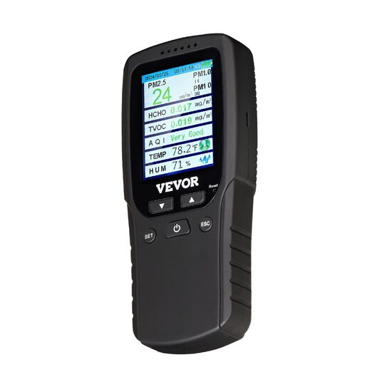 Detector calitate aer 8 in 1, AQI, PM1.0, PM2.5, PM10, TVOC, HCHO, umiditate, temperatura, Alarma
