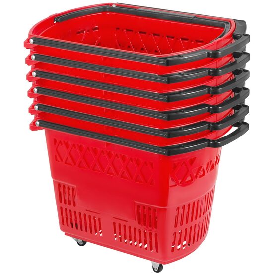 Set 6 cosuri de cumparaturi, capacitate 39 l, Rosu, 4 roti pivotante, 540 x 530 x 365 mm