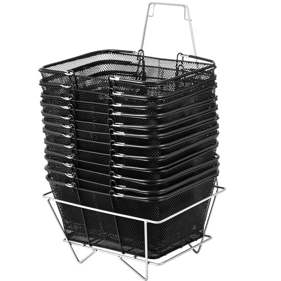 Set 12 cosuri de cumparaturi. Otel, capacitate 30 kg, Negru, 41 x 31 x 18 cm, cu stand depozitare