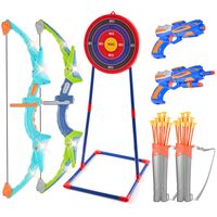 Set 2 x arc, 20 x sageti si 1 x tinta pe trepied, 2 x tolba, 3 x cani, 2 x pistoale, Lumini led