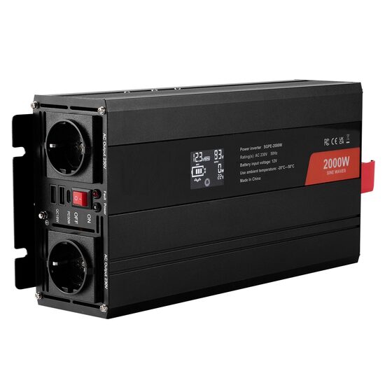 Invertor cu unda sinusoidala pura 2000 W, 12VDC-230VAC, port 2 x USB si 1 x USB-C, telecomanda, afisaj LCD, 2 x prize 220 V