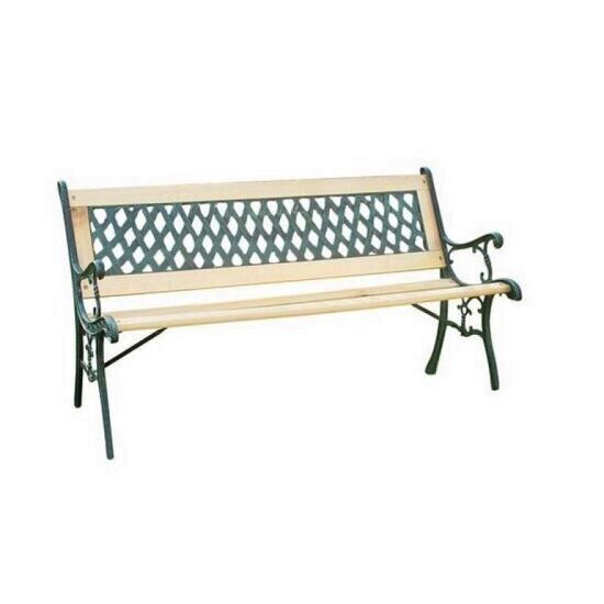 Banca de gradina din lemn, fonta si plastic, Strend Pro C012, 122x54x73 cm, verde antichizat