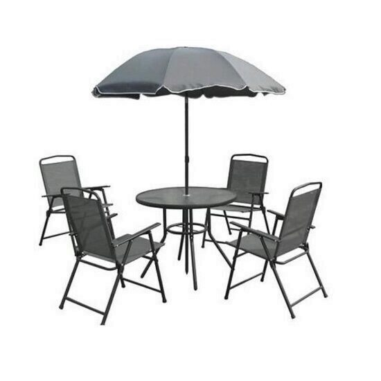 Set mobilier gradina gri, format din masa, 4 scaune, umbrela, Strend Pro Leticia, 85 x 71 cm scaunele, 180 cm masa 