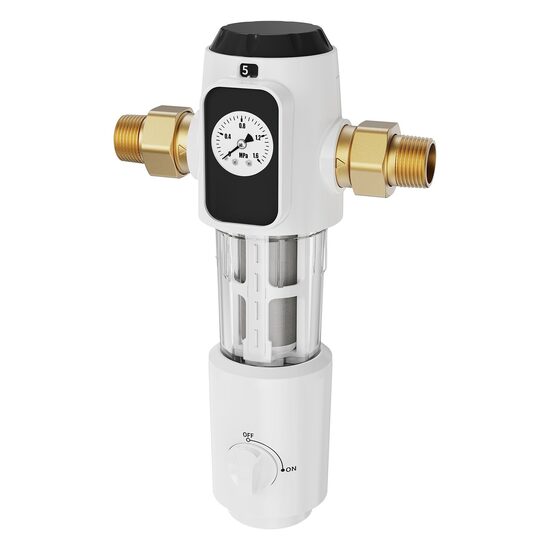 Filtru sedimente pentru toata casa, Centrifugal, 40 microni, Debit 4 T/h, curatare automata, Instalare universala, 3/4" GM + 1" GM + 3/4" GF, Manometru