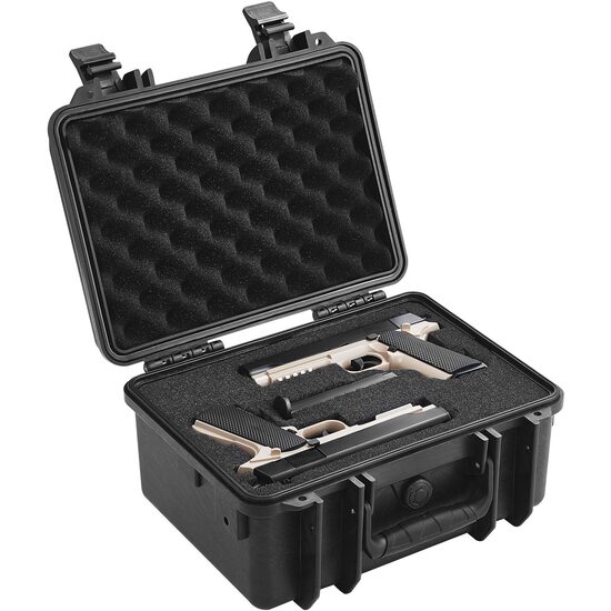 Caseta etansa pentru 2 pistoale si munitie, IP67, interior pretaiat, 365 × 295 × 197 mm, supapa presiune, rezistent la socuri