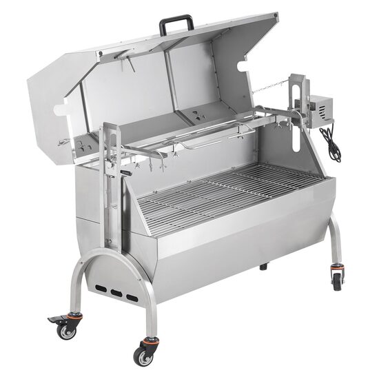 Gratar pe carbune cu capac si rotisor electric 52W, Otel Inoxidabil, 4 Roti blocabile, inaltime de gatit reglabila, 1320x500x878 mm, Termometru