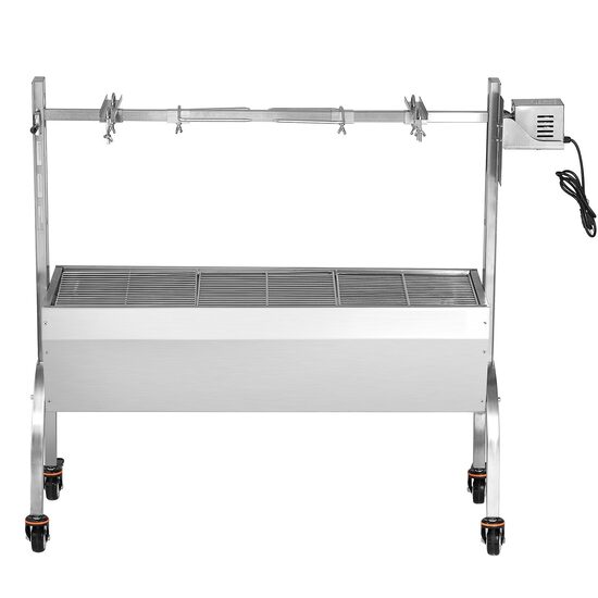 Gratar pe carbune cu rotisor electric 52W, Otel Inoxidabil, inaltime de gatit reglabila, 1310x435x1158 mm, 4 roti blocabile