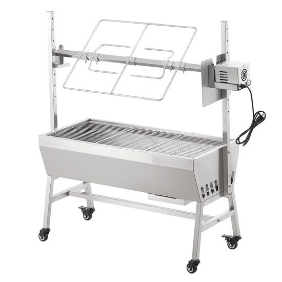 Gratar pe carbune cu rotisor electric 42W, Otel Inoxidabil, inaltime de gatit reglabila, 1110x417x1080 mm, 4 roti blocabile