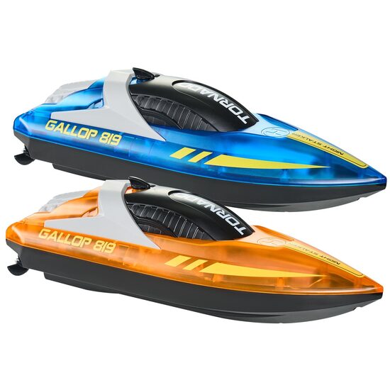 Set 2 barci cu motor si telecomanda, 12 km/h, USB, 1.2 Ah, dimensiune 250 x 80 x 70 mm, Portocaliu/Albastru
