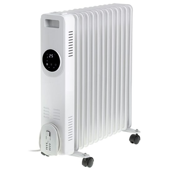 Calorifer electric cu ulei, 13 elementi, 4 x roti, 3 trepte de putere 1000W/1500W/2500W, Afisaj led, Alb, Telecomanda