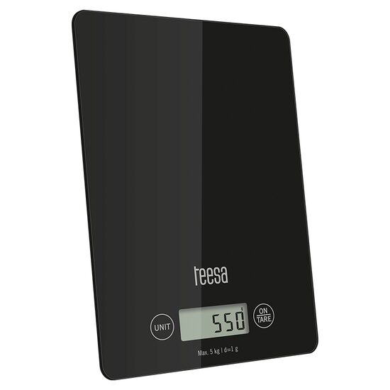 Cantar electronic de bucatarie, sticla, max 5 kg, precizie 1g, 2x CR2032, LCD, Negru