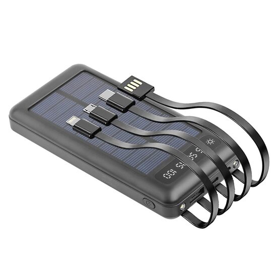 Powerbank cu incarcare solara, 10000mAh, Iesire USB-A, USB-C, Lightning si Micro-USB, 5V/2.1A, cabluri incorporate