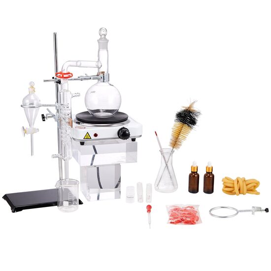 Kit de distilare uleiuri esentiale 33 piese, Plita de incalzire 1000 W, sticla borosilicate, Dimensiuni 660x260x215 mm, 500 ml