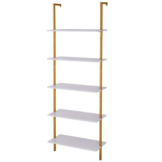 Raft metalic cu 5 x polite incluse din lemn, profil patrat 20x20 mm, Vivatechnix Industrial, 640 x 300 x 1825 mm, Auriu/Alb