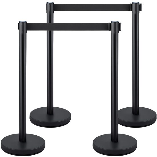 Set 4 stalpi delimitare, Banda retractabila in 4 directii, Inox, Negru, Inaltime 90 cm, Heavy Duty