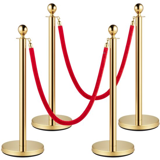 Set 4 stalpi delimitare, Franghie rosie 1.5 m, Inox, Auriu, Inaltime 96 cm, Heavy Duty